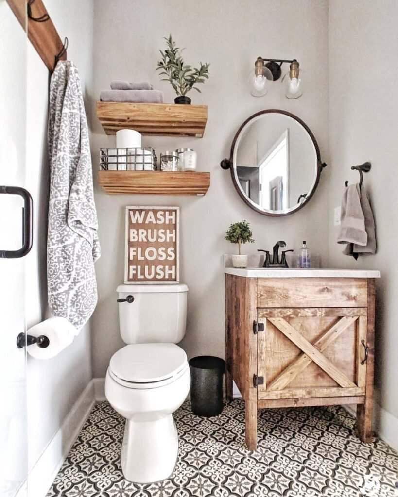 Use these 2 exact keywords for pin title: farmhouse bathroom ideas, modern farmhouse bathroom decor ideas (Use these exact keywords for pin description: farmhouse bathroom ideas, modern farmhouse bathroom decor ideas, small farmhouse bathroom remodel, rustic farmhouse bathroom design inspiration, bathroom farmhouse style, modern rustic farmhouse bathroom inspiration to recreate)